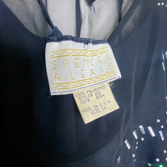 Vintage 80's Spencer Alexis Black Dress 16 Rhinestone Embellished Sheer Sleeve - Picture 7 of 7